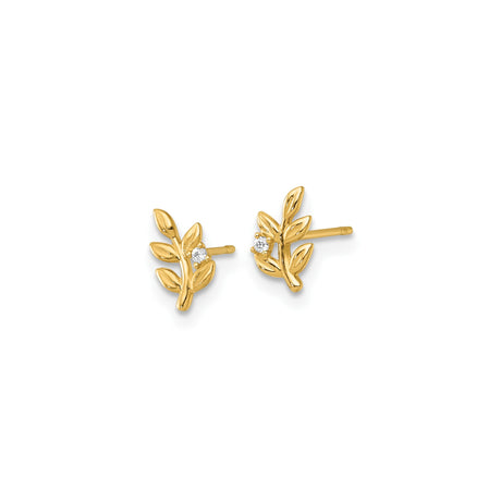 14k Yellow Gold Leaf Branch Stud Earrings with Cubic Zirconia, Botanical Minimalist Design