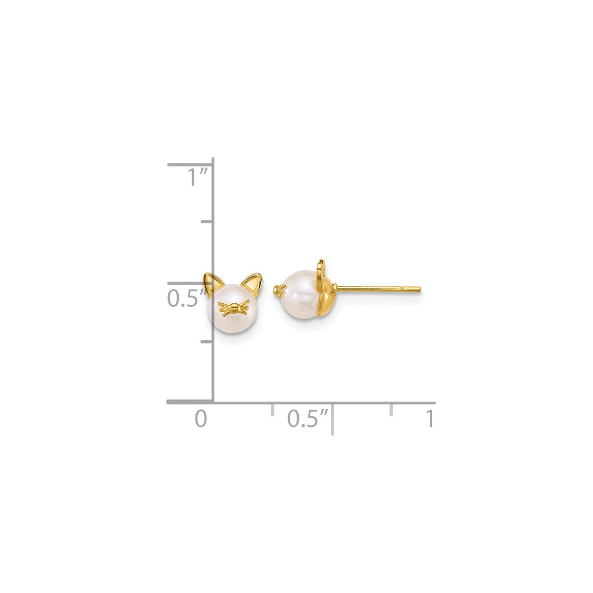 14k Yellow Gold Cat Face Stud Earrings with Cultured Pearl and Whisker Detailing