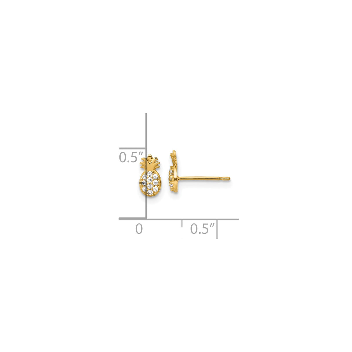 14k Yellow Gold Pineapple Stud Earrings with Cubic Zirconia, Tropical Summer Jewelry for Women