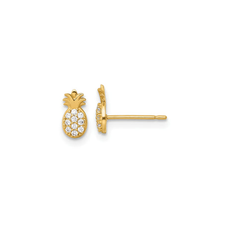 14k Yellow Gold Pineapple Stud Earrings with Cubic Zirconia, Tropical Summer Jewelry for Women
