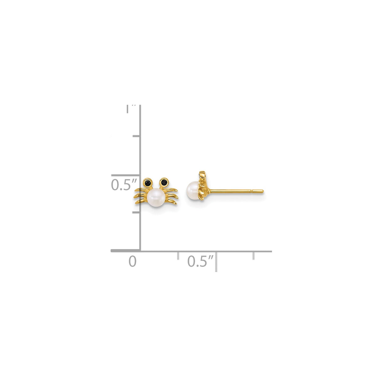 14k Yellow Gold Crab Stud Earrings with White Pearl and Cubic Zirconia, Ocean Theme Jewelry