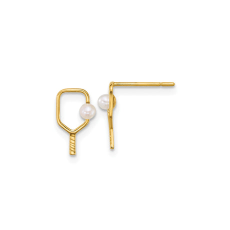 14k Yellow Gold Pickleball Paddle Stud Earrings with Cultured Pearl Accents for Women