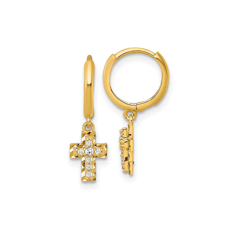 14k Yellow Gold Hoop Earrings with Cubic Zirconia Cross Charms, Christian Religious Style