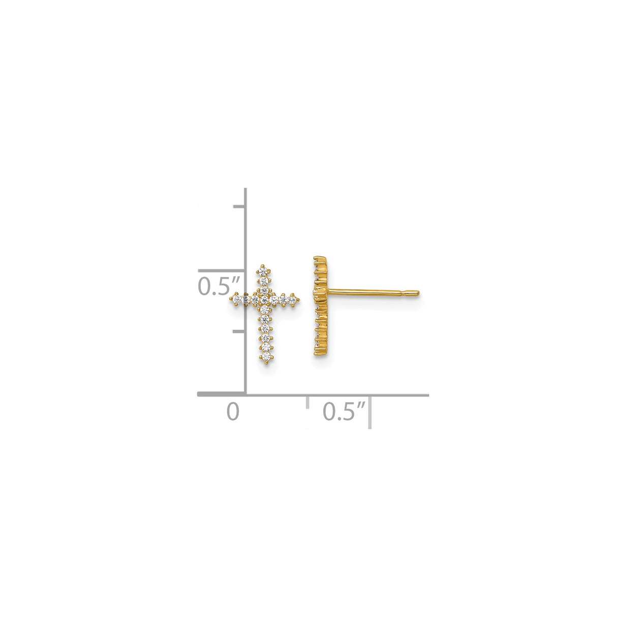 14k Yellow Gold Cross Stud Earrings with Cubic Zirconia, Christian Religious Design for Women