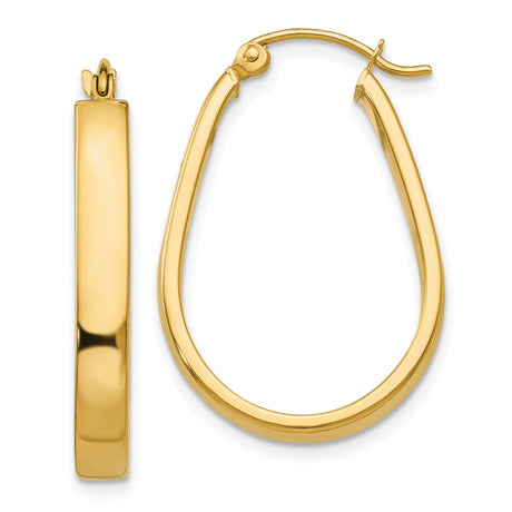 14k Yellow Gold Teardrop Hoop Earrings, Lightweight Polished Modern Oval Drop Design for Women
