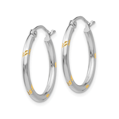 14k White Gold Hoop Earrings with Yellow Gold Leaf Accents, Floral Motif, Two-Tone Design