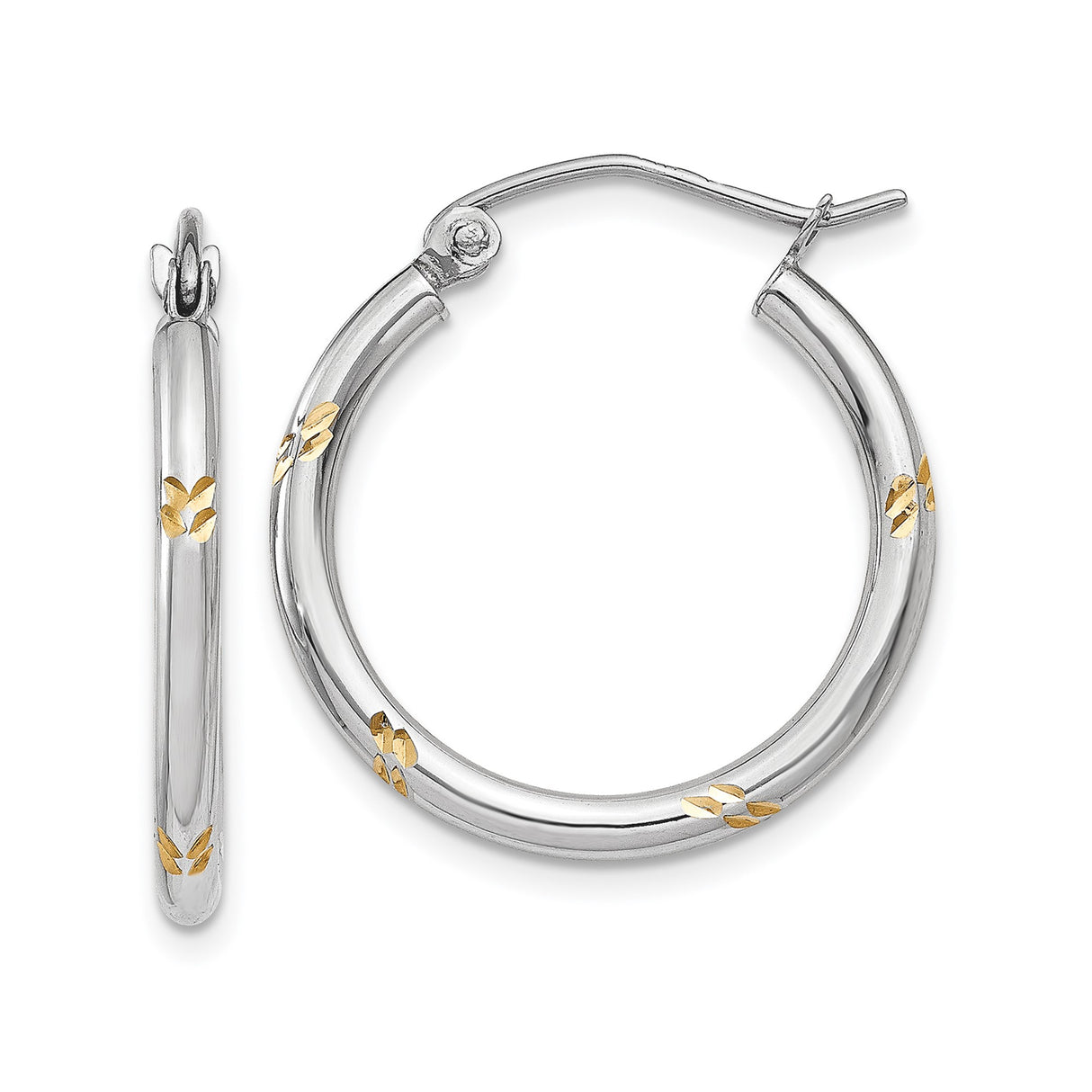 14k White Gold Hoop Earrings with Yellow Gold Leaf Accents, Floral Motif, Two-Tone Design