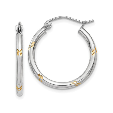 14k White Gold Hoop Earrings with Yellow Gold Leaf Accents, Floral Motif, Two-Tone Design