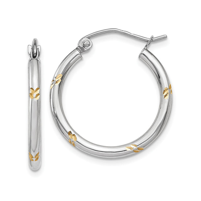 14k White Gold Hoop Earrings with Yellow Gold Leaf Accents, Floral Motif, Two-Tone Design