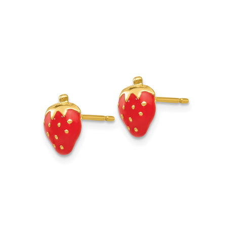 14k Yellow Gold Strawberry Stud Earrings with Red Enamel, Fun Fruit Design for Women and Girls