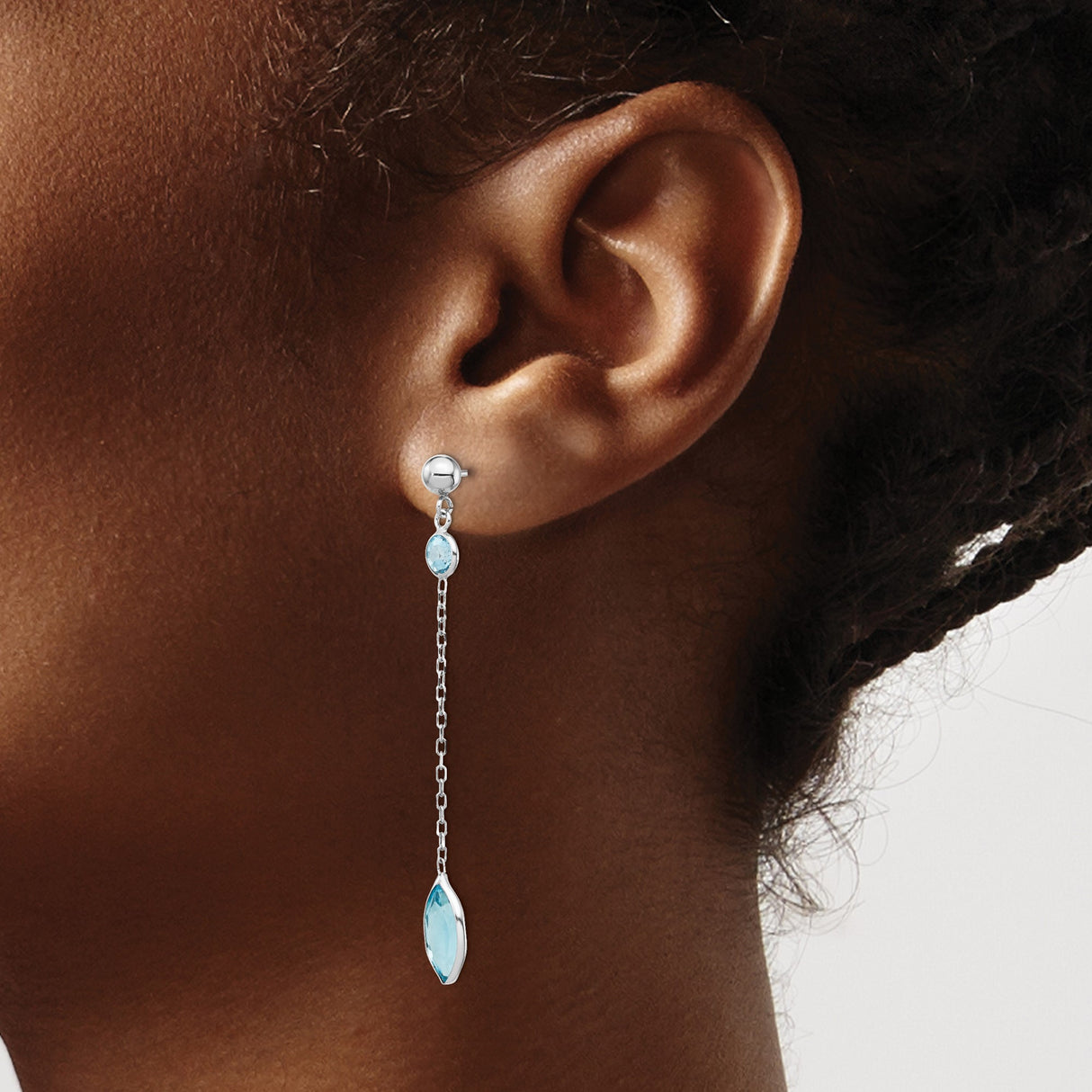 14k White Gold Dangle Earrings with Swiss Blue Topaz Bezel Set Gemstones and Chain Drops
