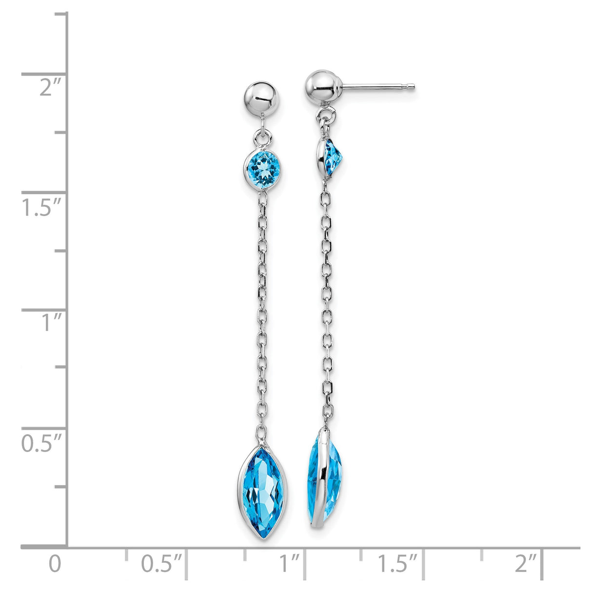 14k White Gold Dangle Earrings with Swiss Blue Topaz Bezel Set Gemstones and Chain Drops