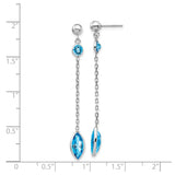 14k White Gold Dangle Earrings with Swiss Blue Topaz Bezel Set Gemstones and Chain Drops