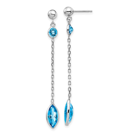 14k White Gold Dangle Earrings with Swiss Blue Topaz Bezel Set Gemstones and Chain Drops