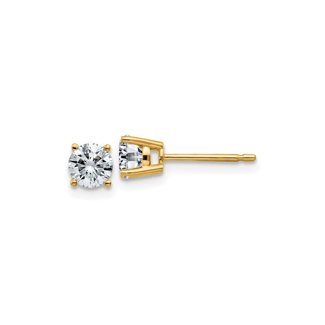 14k Yellow Gold Stud Earrings with Round Moissanite, Solitaire Four Prong Setting