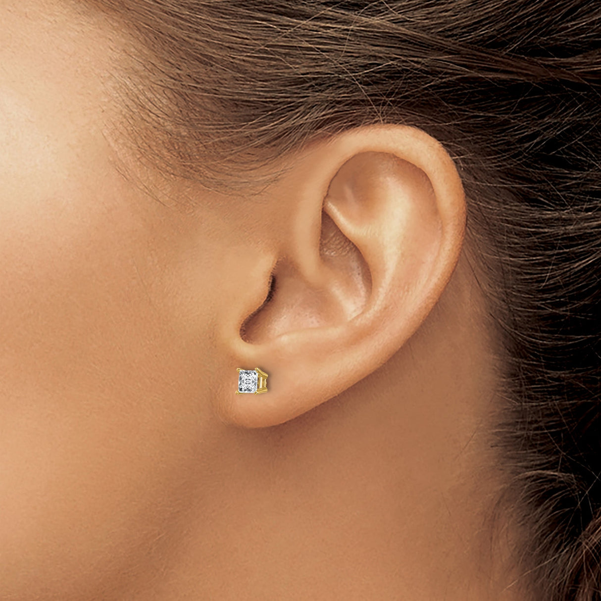 14k Yellow Gold Princess Cut Moissanite Stud Earrings, Solitaire, Minimalist Design