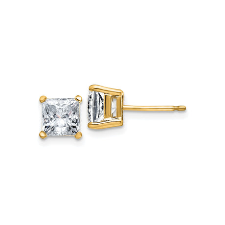 14k Yellow Gold Moissanite Stud Earrings, Princess Cut, Four Prong Setting