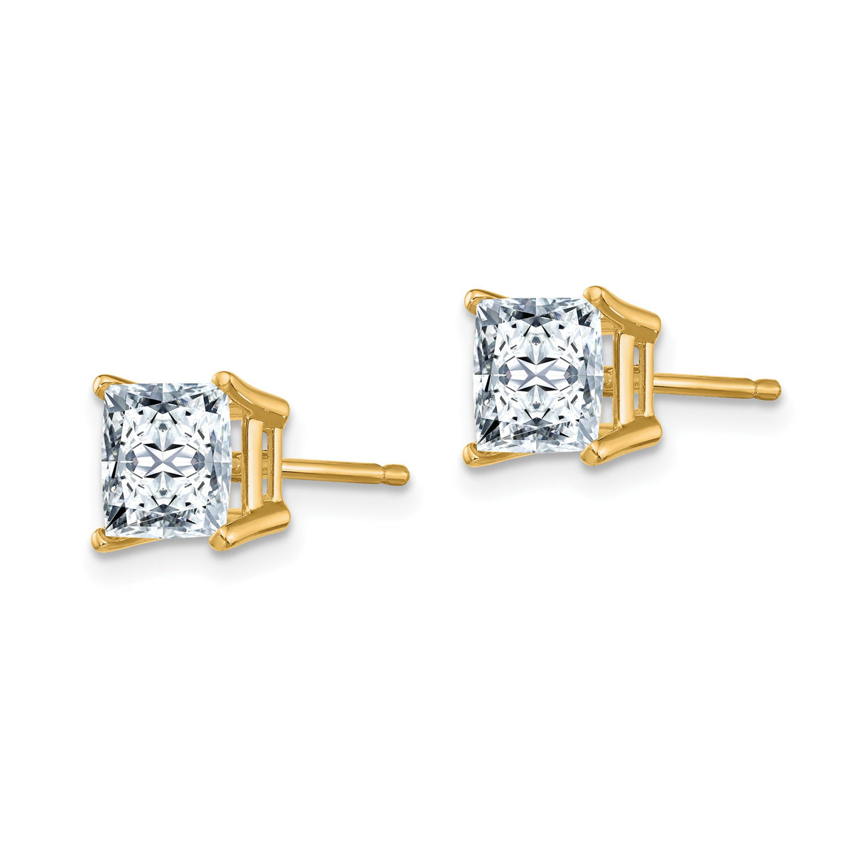 14k Yellow Gold Stud Earrings with Moissanite, Princess Cut Solitaire, Four-Prong Setting