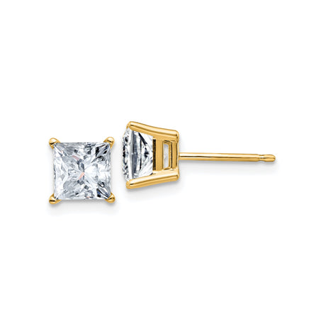 14k Yellow Gold Stud Earrings with Princess Cut Moissanite in Four Prong Setting
