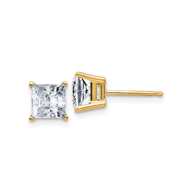 14k Yellow Gold Stud Earrings with Princess Cut Moissanite in Four Prong Setting