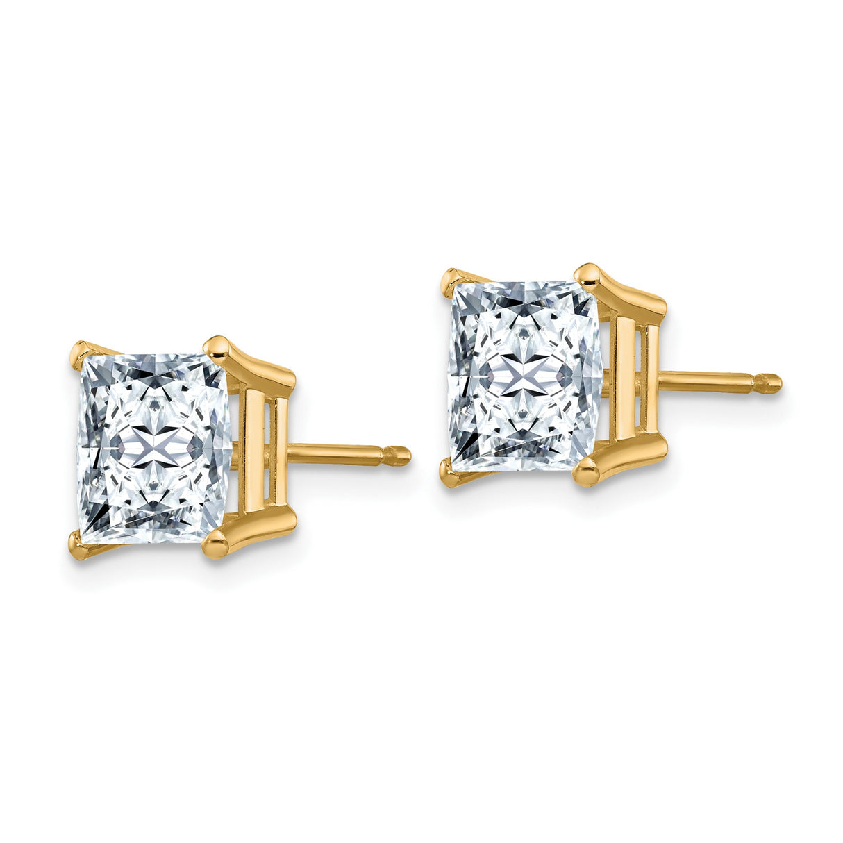 14k Yellow Gold Moissanite Stud Earrings, Princess Cut Solitaire in Four Prong Basket Setting
