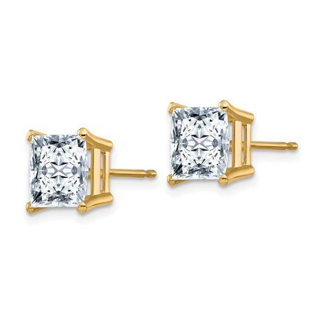 14k Yellow Gold Moissanite Stud Earrings, Princess Cut Solitaire in Four Prong Basket Setting