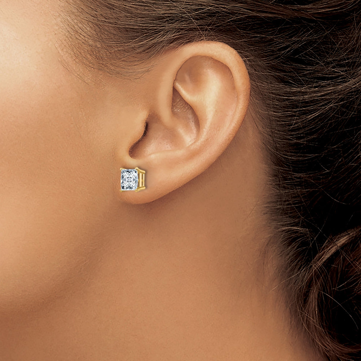 14k Yellow Gold Moissanite Stud Earrings, Princess Cut Solitaire in Four Prong Basket Setting