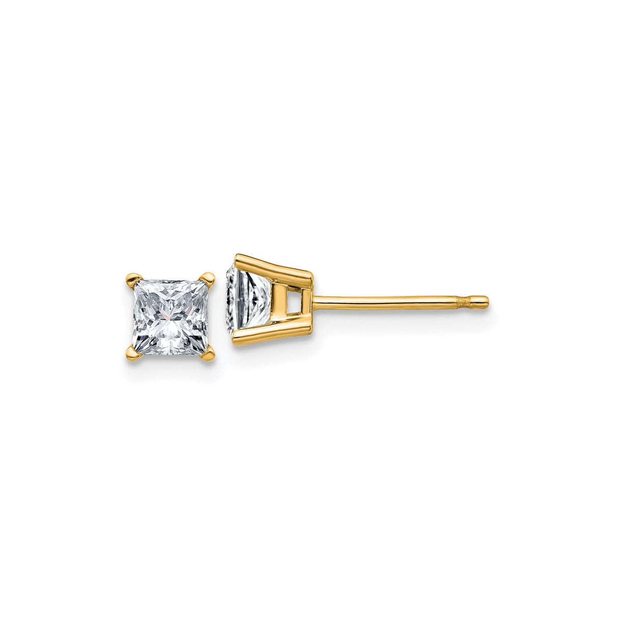 14k Yellow Gold Stud Earrings with Princess Cut Moissanite, Four Prong Solitaire Style