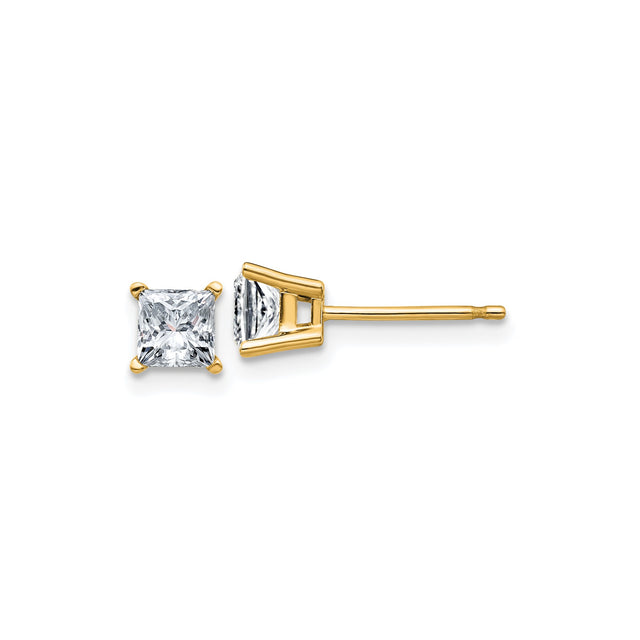 14k Yellow Gold Stud Earrings with Princess Cut Moissanite in Four Prong Setting