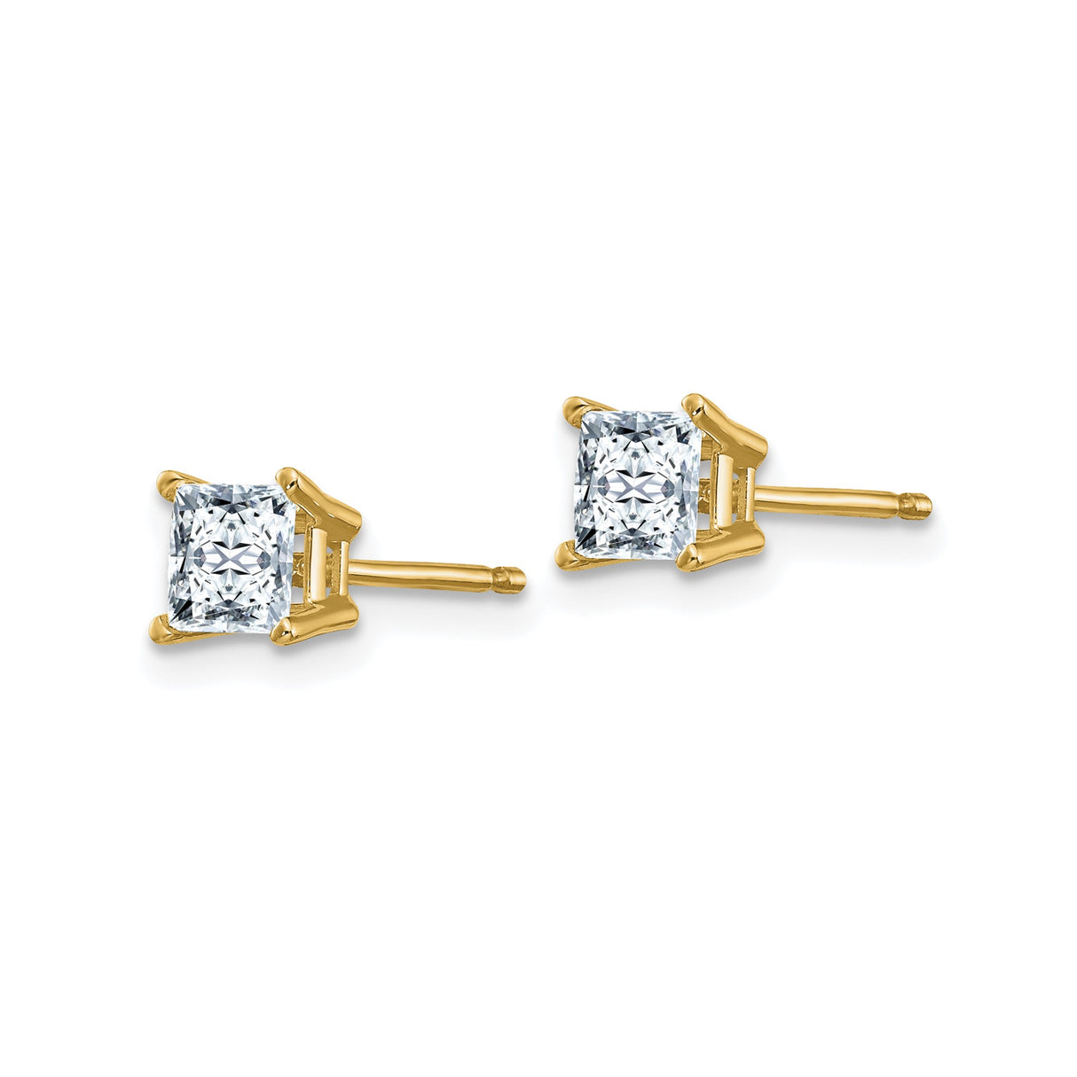14k Yellow Gold Stud Earrings with Moissanite, Princess Cut, Classic Four Prong Setting