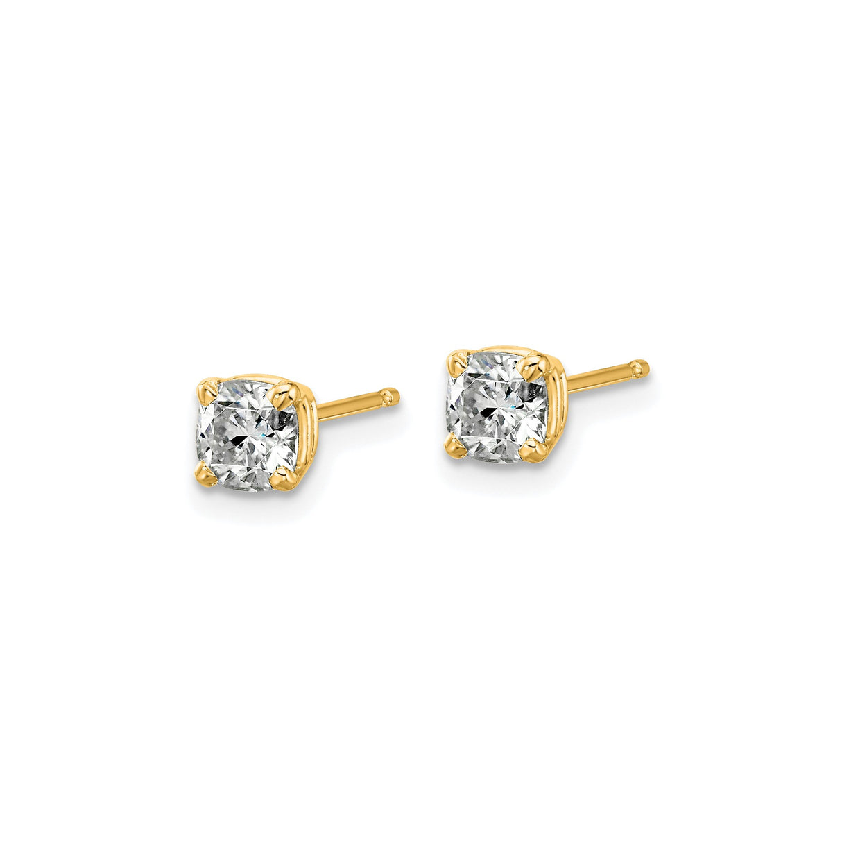 14k Yellow Gold Stud Earrings with Cushion Cut Moissanite in Four Prong Setting