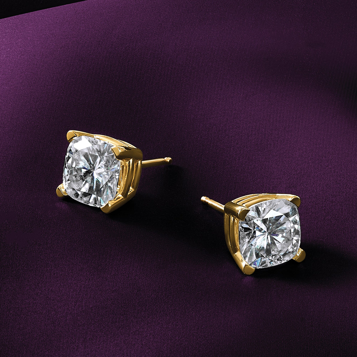 14k Yellow Gold Cushion Cut Moissanite Stud Earrings, Solitaire Four Prong Setting