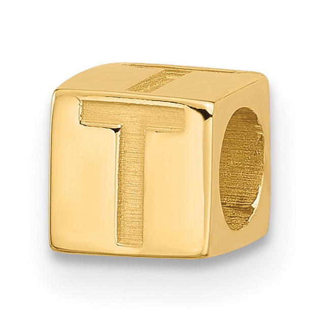 Alphabet Bead Letter T Charm Pendant in Real 14k Yellow Gold