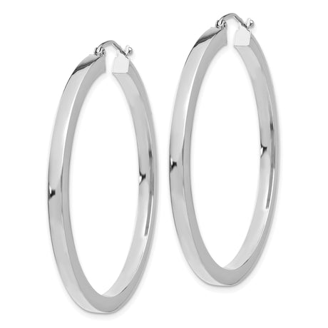14k White Gold Hoop Earrings, Round Flat Edge with Polished Finish, Medium Lightweight Style