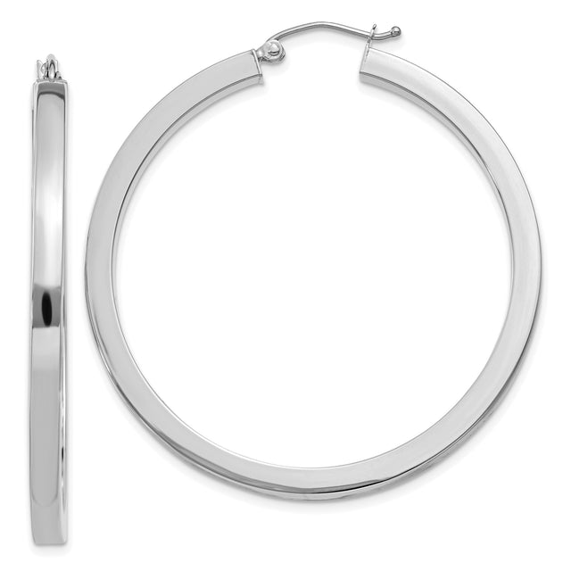14k White Gold Hoop Earrings, Round Flat Edge with Polished Finish, Medium Lightweight Style