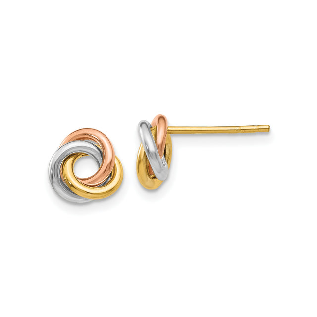14k Tri-Color Gold Love Knot Stud Earrings, Intertwined Yellow, White, and Rose Gold Loops
