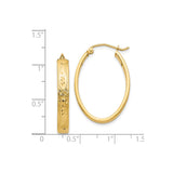 14k Yellow Gold Oval Hoop Earrings with Floral and Leaf Motif, Polished and Textured Finish