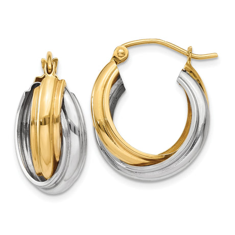 14k Yellow White Gold Double Hoop Earrings with Twisted Two-Tone Design