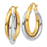 14k Yellow Gold Hoop Earrings, Two-Tone Interlocking Tubes with Twisted Polished Design