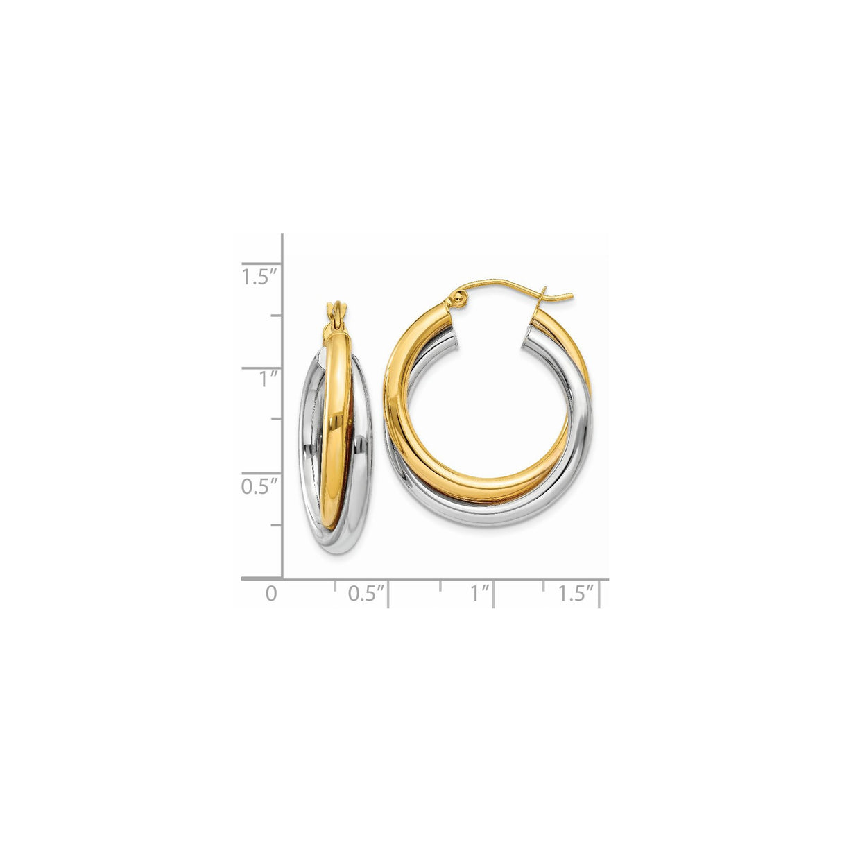 14k Yellow Gold Hoop Earrings, Two-Tone Interlocking Tubes with Twisted Polished Design
