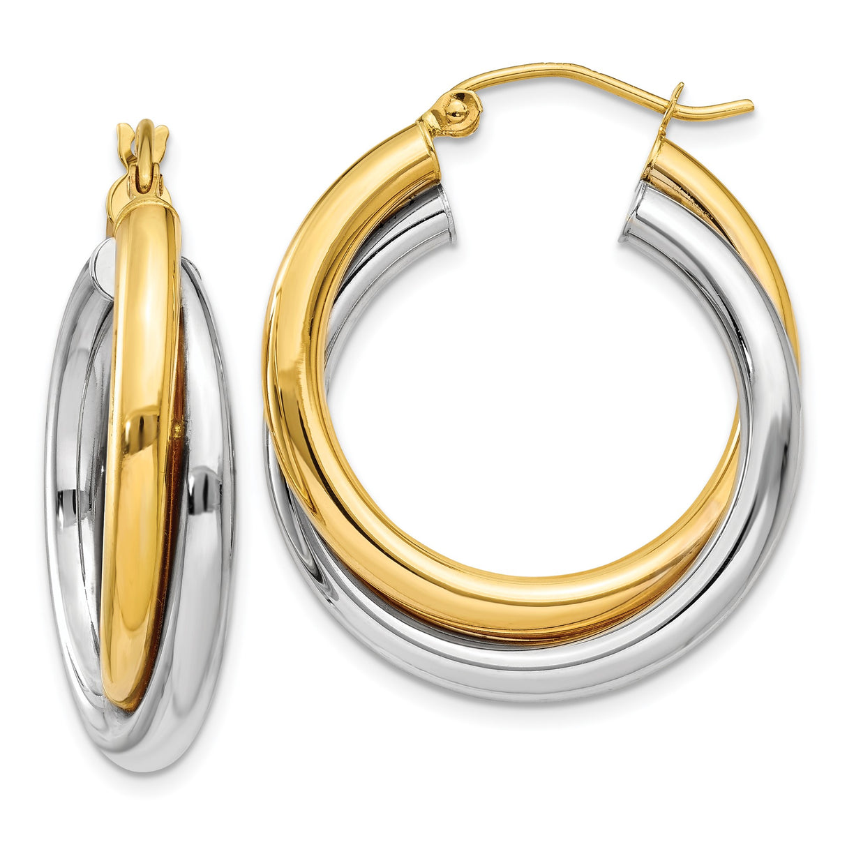 14k Yellow Gold Hoop Earrings, Two-Tone Interlocking Tubes with Twisted Polished Design