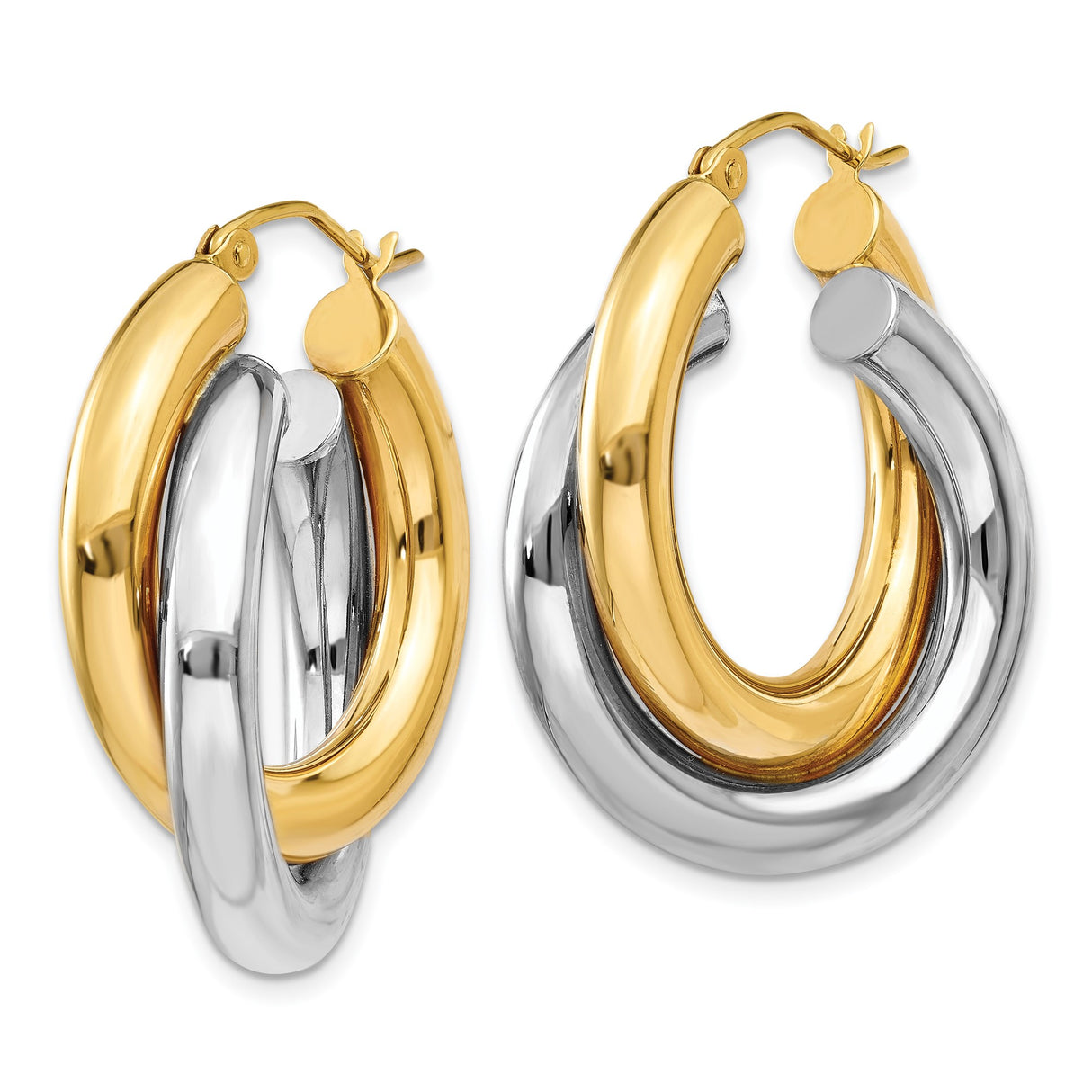 14k Two-Tone Yellow and White Gold Hoop Earrings with Intertwined Polished Loops