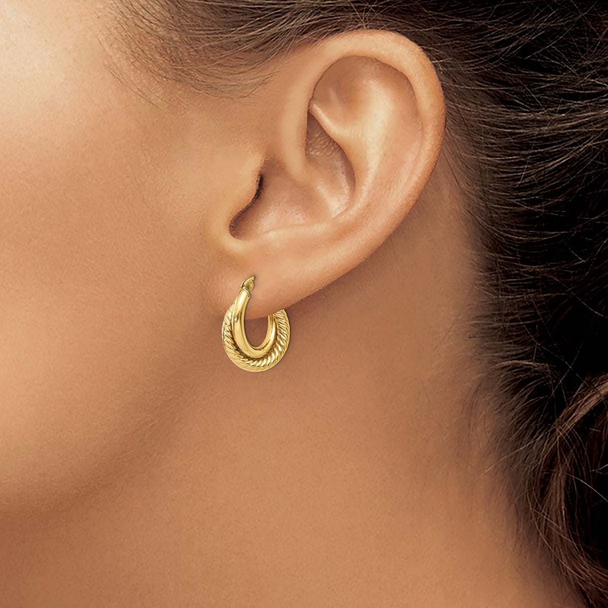 14k Yellow Gold Hoop Earrings with Twisted Rope Design, Textured Classic Style for Women