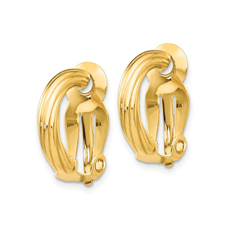 14K Yellow Gold Ribbed Hoop Clip Earrings Hinged Backs