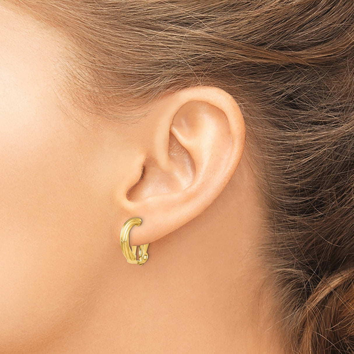 14K Yellow Gold Ribbed Hoop Clip Earrings Hinged Backs