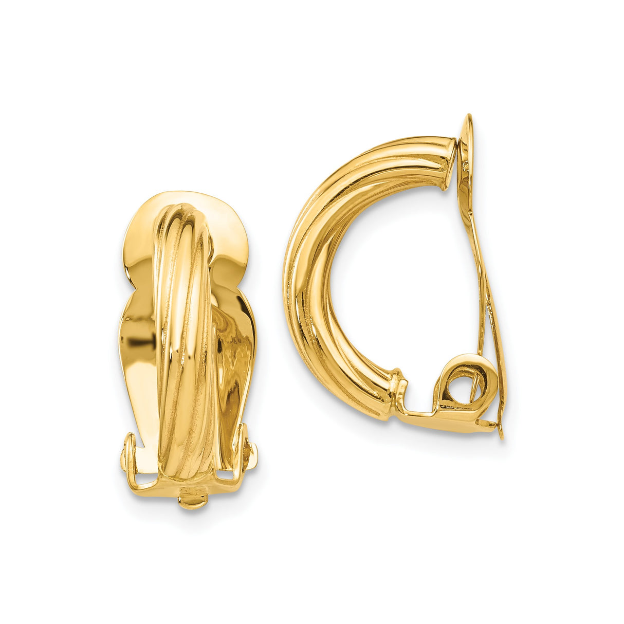 14k Yellow Gold Hoop Clip-On Earrings with Ribbed Design and Hinged Clip Backs, Polished Classic Hoops for Women, Non-Pierced Everyday or Formal Wear Gold Jewelry with Timeless Elegant Style