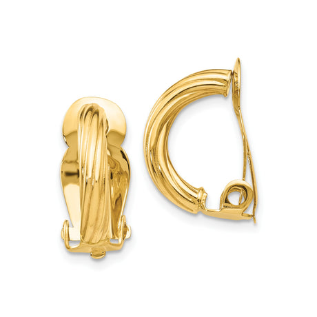 14k Yellow Gold Hoop Clip-On Earrings with Ribbed Design and Hinged Clip Backs, Polished Classic Hoops for Women, Non-Pierced Everyday or Formal Wear Gold Jewelry with Timeless Elegant Style