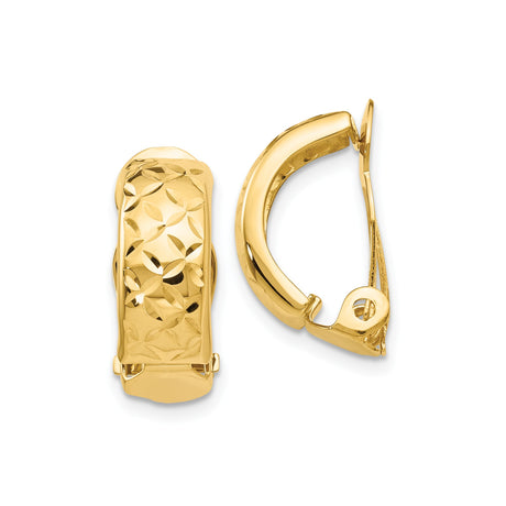 14k Yellow Gold Hoop Earrings for Women with Diamond-Cut Floral Design, Polished Finish, Hinged Backs, Lightweight Everyday Hoops, Textured Shine, Elegant Fine Jewelry for Daily or Evening Wear