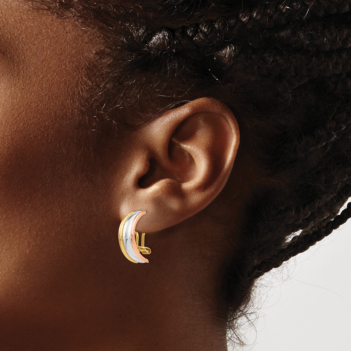14k Tri Color Gold Hoop Earrings with Yellow, White, and Rose Bands, Polished Huggie Style