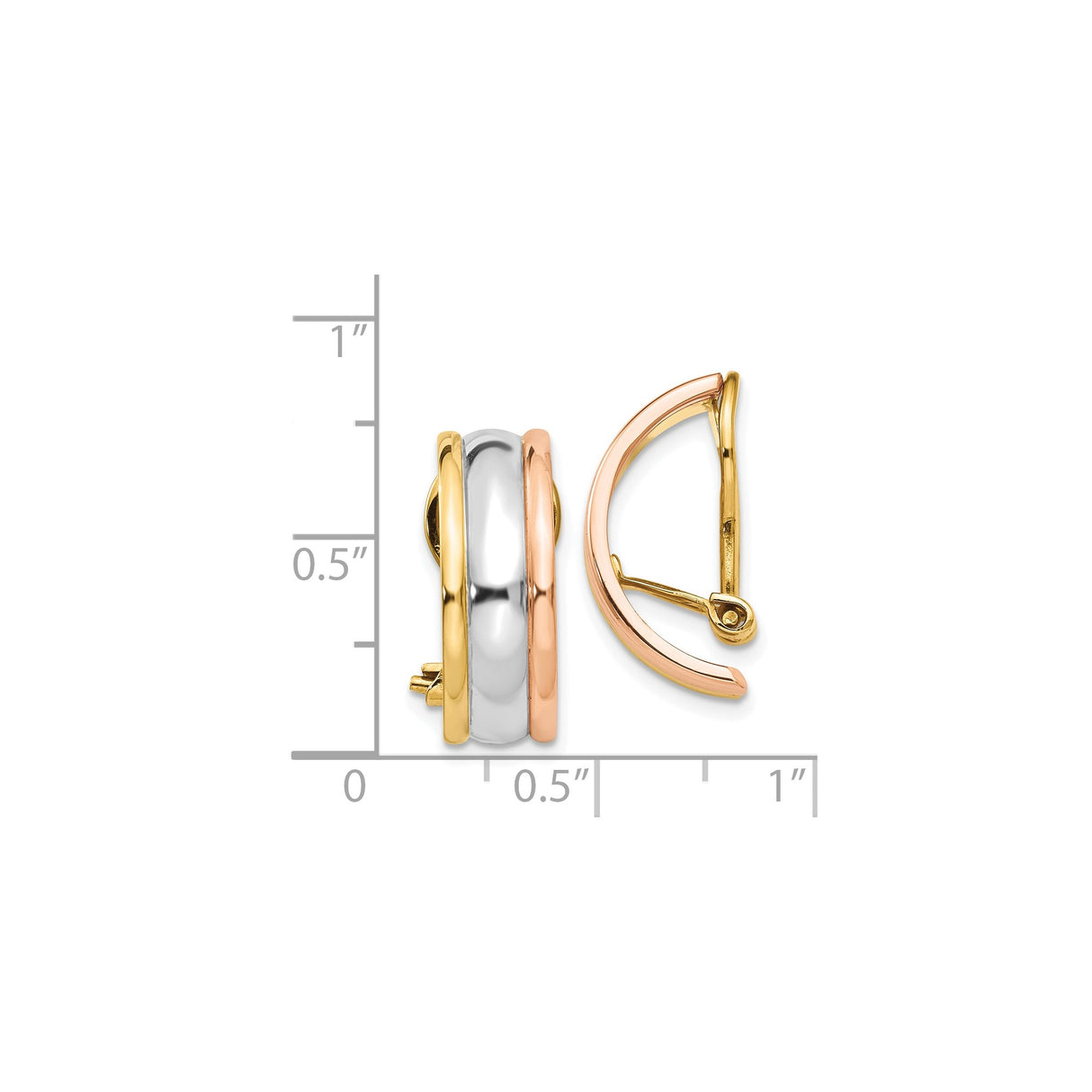 14k Tri Color Gold Hoop Earrings with Yellow, White, and Rose Bands, Polished Huggie Style